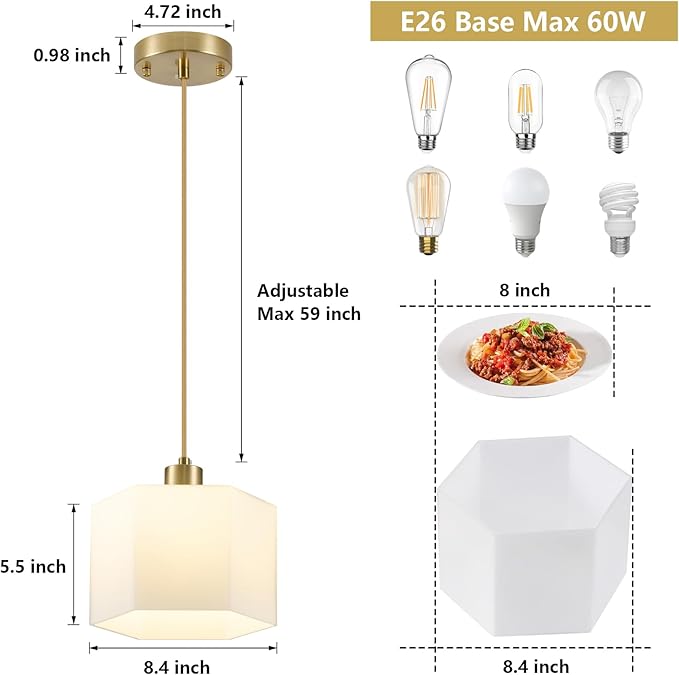 XSDeTu 1 Pack Milk Glass Pendant Lights Kitchen Island, Modern Gold Hanging Light Fixture, Mid-Century Hexagonal Ceiling Lamp, Mini Farmhouse Chandelier for Dining Room Sink Bathroom Bedroom Hallway