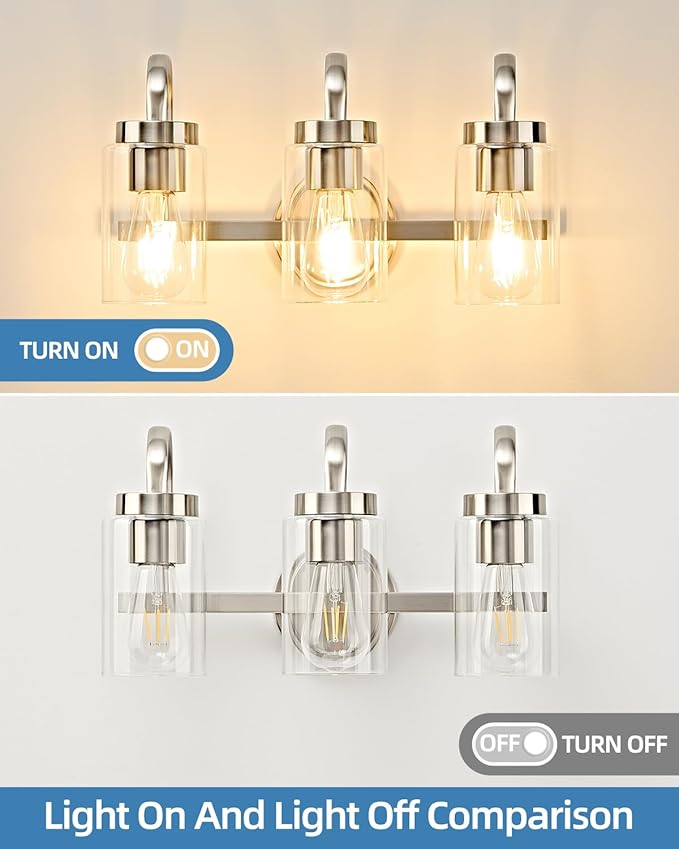 3 Light Bathroom Vanity Light, Brushed Nickel Vanity Lights for Bathroom, Modern Light Fixtures Over Mirror with Clear Glass Shade, Wall Sconce Lighting for Bedroom Living Room Hallway