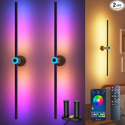 Battery Operated Wall Sconces Set of two, Rechargeable Wall Lights with 4 Pack Replaceable Batteries, 16 Million DIY Colors Wireless Wall Lamps with Remote Control for Bedroom Living Room Decor