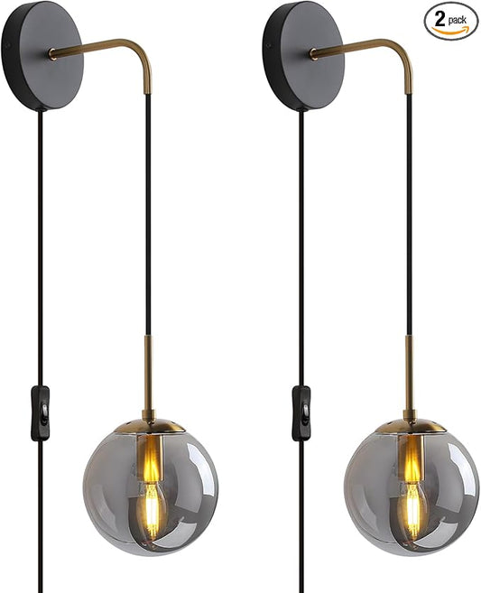 KUZZULL Wall Sconces Set of Two Black and Brass Gold Plug in Wall Sconces Set of 2 with Globe Smoke Grey Glass Shade Wall Lights Wall Lamps for Bedrooms Sconces Wall Decor Set of 2 with Plug in Cord