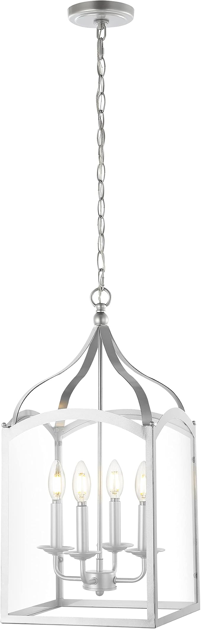 JONATHAN Y 11" Silver 4-Light Traditional Lantern Pendant Light, Metal and Clear Glass Shade, Classic Chandelier for Foyer, Kitchen Island, LED Bulbs Included (JYL7403B)
