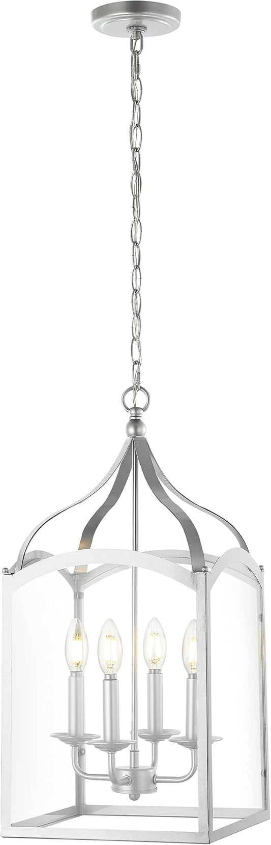 JONATHAN Y 11" Silver 4-Light Traditional Lantern Pendant Light, Metal and Clear Glass Shade, Classic Chandelier for Foyer, Kitchen Island, LED Bulbs Included (JYL7403B)