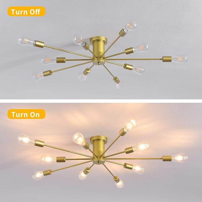 Garwarm 10 Lights Modern Sputnik Chandelier Gold Industrial Ceiling Lamp Mid Century Semi Flush Mount Ceiling Light Fixture for Kitchen Dining Room Living Room Bedroom Foyer Lighting
