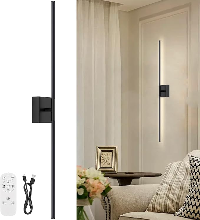 Battery Operated Wall Sconce, 5CCT Dimmable Black Wall Lights with Remote Control, Timable LED Wireless Wall Sconces, 350° Ratate for Bathroom, Living Room, Hallway 39.4 Inch 1 Pack