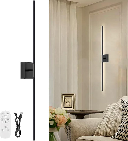Battery Operated Wall Sconce, 5CCT Dimmable Black Wall Lights with Remote Control, Timable LED Wireless Wall Sconces, 350° Ratate for Bathroom, Living Room, Hallway 39.4 Inch 1 Pack