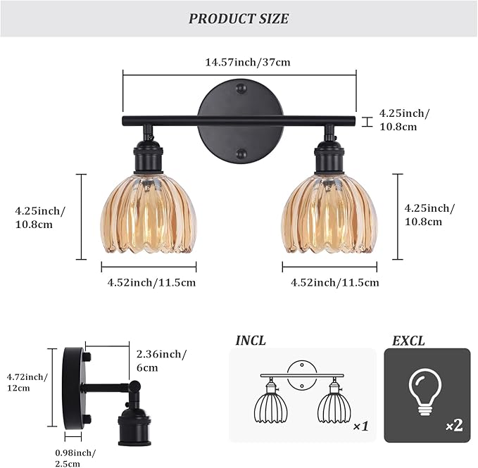 Shenmoyl Bathroom Light Fixtures, 2-Light Black Vanity wall Light Over Mirror with Amber Tulip Glass Shade for Bedroom Living Room (Bulb Not Included)