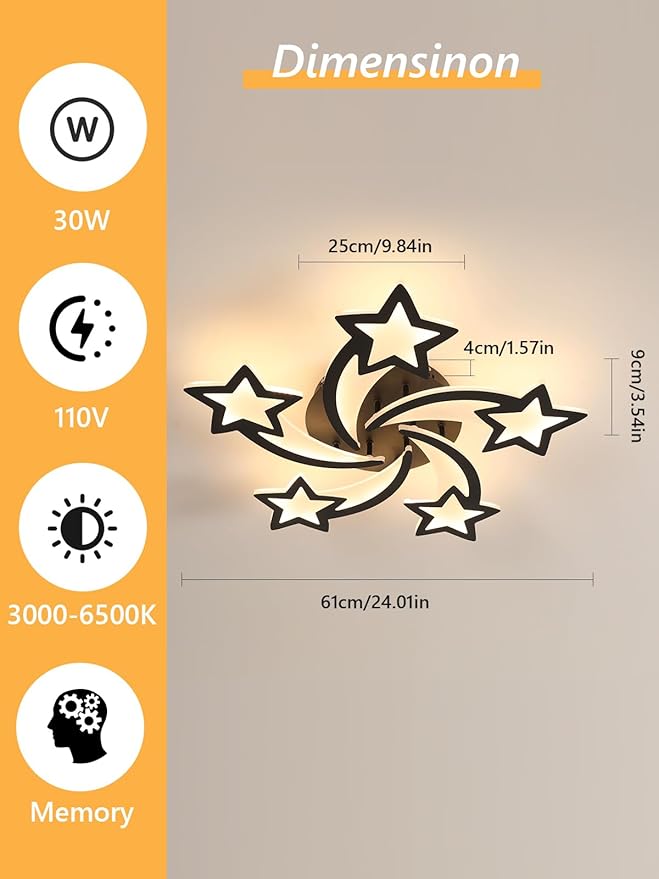 Goeco Kids Ceiling Light, 3 Light Modes (3000K/4500K/6500K) Modern Acrylic LED Close to Ceiling Light Fixture, Black Star Shape Flush Mount Lamp for Kids Room, Nursery, Bedroom, Living Room