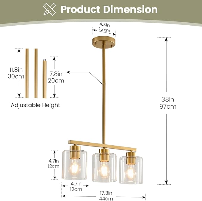 3-Light Gold Kitchen Island Lighting, Gold Pendant Light Fixture, Farmhouse Dining Room Light Fixtures Over Table, Modern Hanging Light Fixtures with Clear Glass, E26 Base, Bulbs Not Included