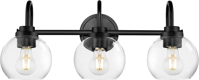 Bathroom Light Fixtures, 3-Light Matte Black Vanity Lights with Globe Clear Glass, Modern Vanity Lighting Fixtures Over Mirror, AD-22280-3W-BK
