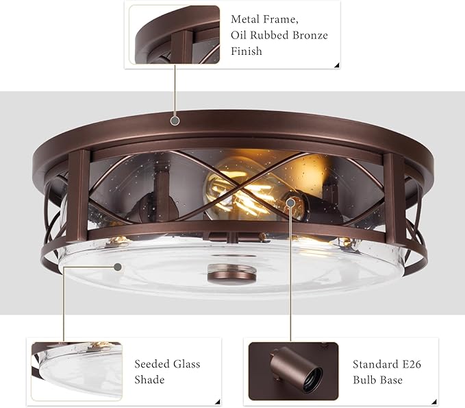 16 Inch Large Flush Mount Ceiling Light with Seeded Glass, 3-Light Bronze Round Ceiling Lamp, Modern Farmhouse Indoor Outdoor Ceiling Lighting for Kitchen Bedroom Living Dining Room