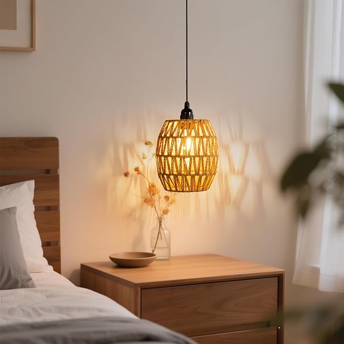 Battery Operated Chandelier, 2 Pack Natural Rattan Pendant Lights - Waterproof Outdoor Boho Hanging Lamps with Egg-Shaped Design, for Patios, Pergolas, Porch, Gazebo & Indoor Ceiling Decor