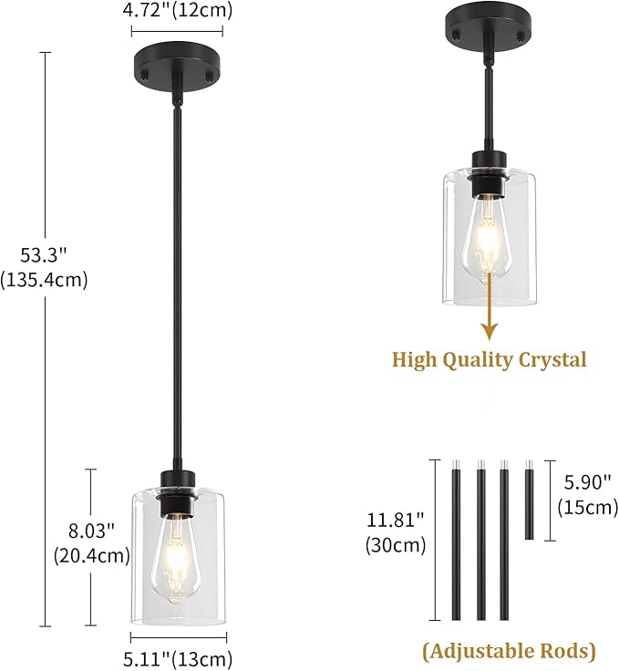 2 Pack Black Pendant Lights Kitchen Island, Modern Glass Pendant Lighting Over Island Kitchen Hanging Dining Room Light Fixtures Adjustable Pendant Lights for Bathroom Hallway Entryway Bedroom