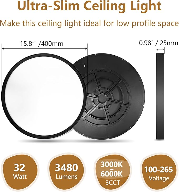 4PK 15.8 Inch LED Flush Mount Ceiling Light, 32W, 3480LM, 3000K/4000K/6000K CCT Selectable, Black Ultra-Slim LED Ceiling Light Fixtures, Low Profile Round Flat Panel Light for Bedroom,Kitchen,Hallway