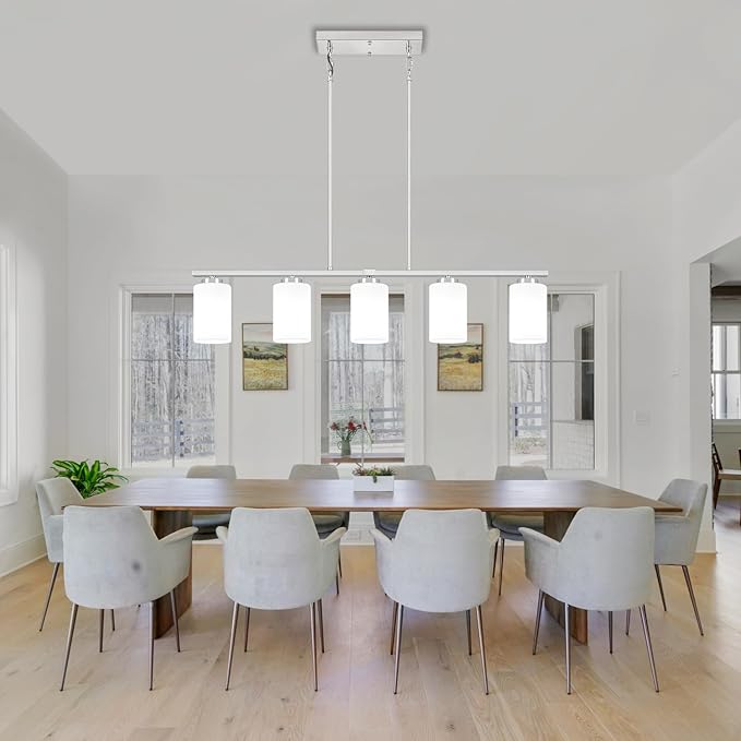 Brushed Nickel Island Lights for Kitchen, 5-Light Modern Dining Room Light Fixtures Over Table Glass Penadnt Lights Adjustable Kitchen Hanging Light Fixtures Linear Farmhouse Chandeliers Over Island