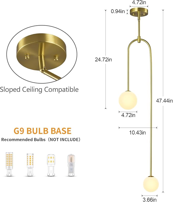 Modern Milk Glass Pendant Light 2 Light Mid Century Chandelier Small Glass Globe Gold Pendant Lights for Kitchen Island Bedroom Dining (1 Pack)