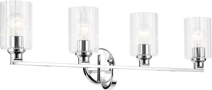 Kichler Gioe 32.25" 4-Light Bathroom Vanity Light Fixture with Clear Fluted Glass in Chrome, Damp Rated for Over Mirror, Powder Room (32.25" W x 10.5" H), 55227CHFLU