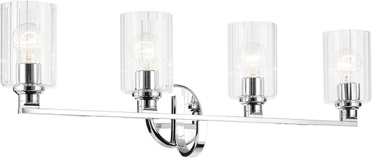 Kichler Gioe 32.25" 4-Light Bathroom Vanity Light Fixture with Clear Fluted Glass in Chrome, Damp Rated for Over Mirror, Powder Room (32.25" W x 10.5" H), 55227CHFLU