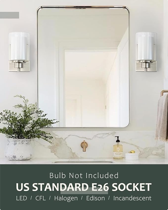 2 Pack Bath Vanity Light Fixtures 1-Light, Indoor Brushed Nickel Wall Light with Dual Glass Shade, Modern Bathroom Wall Scone Lighting, Vintage E26 Base Wall Mount Lamp for Bedroom