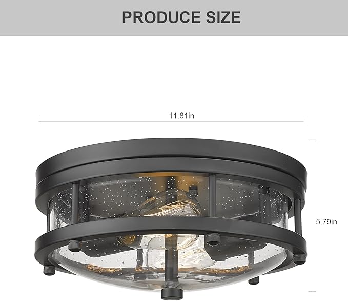 Flush Mount Ceiling Light Fixture, Modern Farmhouse Semi Ceiling Light with Seeded Glass for Bedroom, Entryway, Kitchen Hallway, ROS90 BK