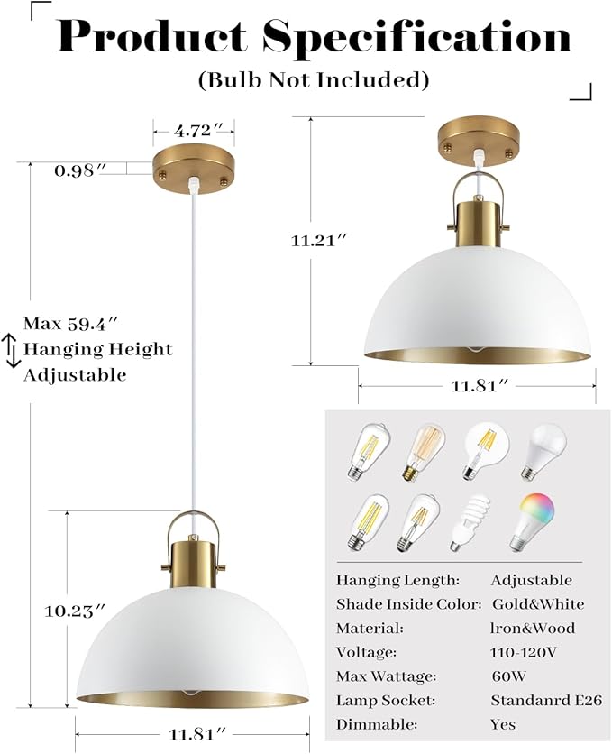 White and Gold Pendant Light 2 Pack, 11.8 Inch Dome Pendant Lights Kitchen Island, White Farmhouse Pendant Lights for Kitchen Island, Dining Room, Living Room