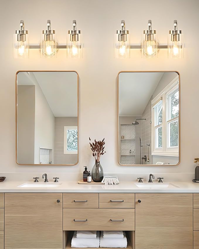 3 Light Bathroom Vanity Light, Brushed Nickel Vanity Lights for Bathroom, Modern Light Fixtures Over Mirror with Clear Glass Shade, Wall Sconce Lighting for Bedroom Living Room Hallway