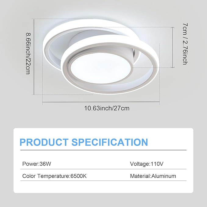 DELIPOP Modern LED Ceiling Light, 36W 2160LM Round Small Ceiling Lamp, (Cool White, 6500K) Aluminum Close to Ceiling Light Fixture for Hallway, Aisle, Corridor, Bedroom, Kitchen