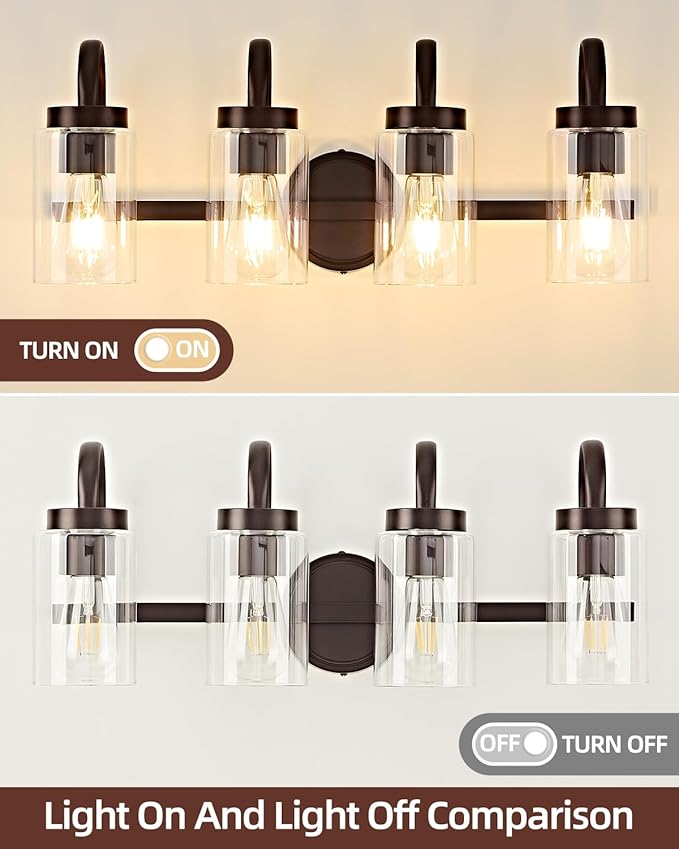 4 Light Bathroom Vanity Light, Black Coffee Vanity Lights for Bathroom, Modern Light Fixtures Over Mirror with Clear Glass Shade, Wall Sconce Lighting for Bedroom