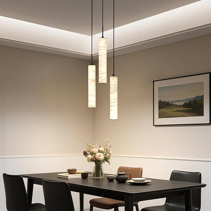 LMQNINE Natural Alabaster Pendant Lights for Kitchen Island White Marble Long Tube Chandelier 4000K Modern Black Ceiling Light Fixtures for Bedroom Dining Room Table Living Room Hallway(M-3Light)