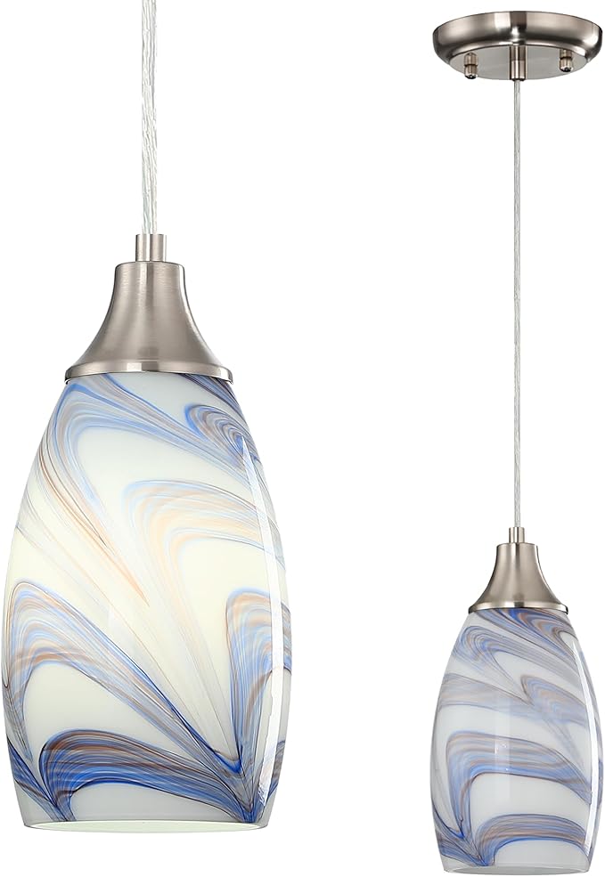karyfine Mini Art Glass Pendant Lights Kitchen Island Blown Glass Pendant Lighting with Brushed Nickel Finish Adjustable Cord Ceiling Hanging Lamp for Hallway,Dining Room White and Dark Blue-1P