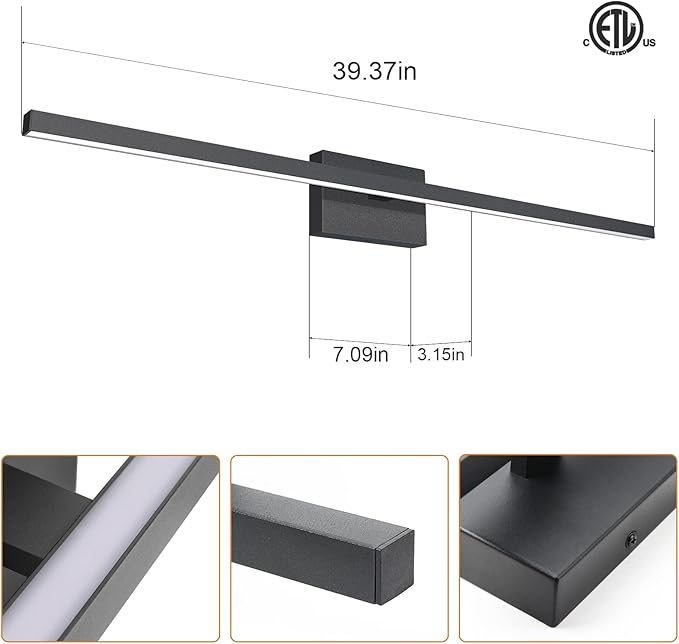 VOLISUN Modern Bathroom Vanity Light 39.4 inch, 24W Dimmable 5CCT Led Bathroom Light Fixture Over Mirror, Black Bar Vanity Light for Bathrooms Mirror Cabinets Bedroom-ETL Certificated