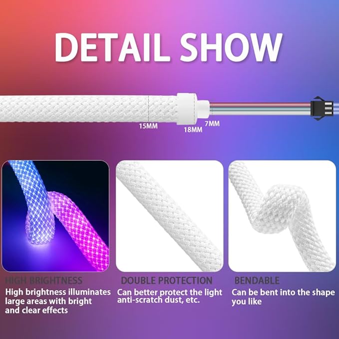 13.1FT WS2811 WS2812B 360 Degree Round Reticulate Pattern Neon LED Strip 50Leds/m Smart RGB+IC Flexible Silicon Dream Color Rope Light Tape DC5V(No Adapter or Controller)