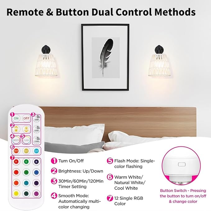 Boho Battery Operated Wall Sconce Set of 2, White Rattan Rechargeable Wall Lights with Dimmable Bulbs and Remote,15 Colors Wireless Wall Lamps for Bedroom Living Room Hallway Decor