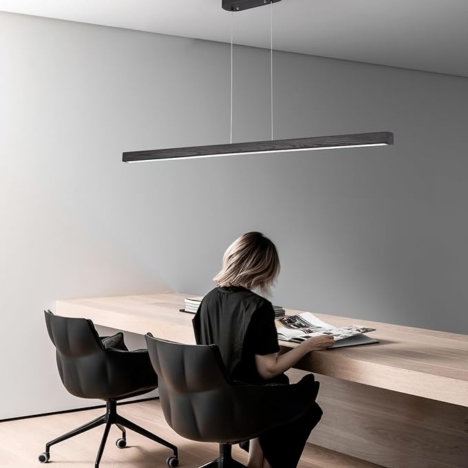 YISDESIGN 47" Black Linear Pendant Light Wooden Led Linear Pendant Light Fixtures Ceiling Hanging Dimmable Pendant Lights for Dining Room Kitchen Island Pool Table Lights Black Wood Finish