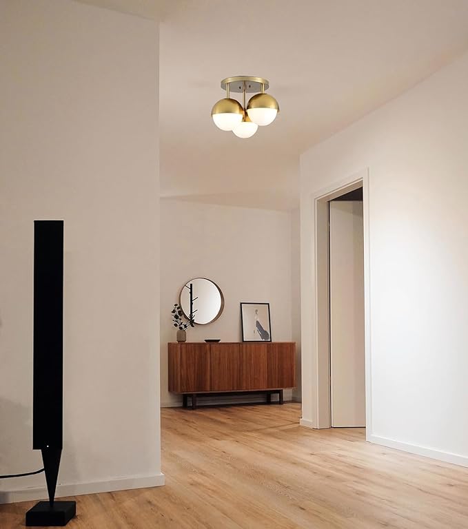 Globe Flush Mount 3-Light Ceiling Light, Mid Century Modern Brass Gold Ceiling Light Fixture with Globe White Frosted Glass Shade for Bedroom Hallway Entryway Kitchen Living Room