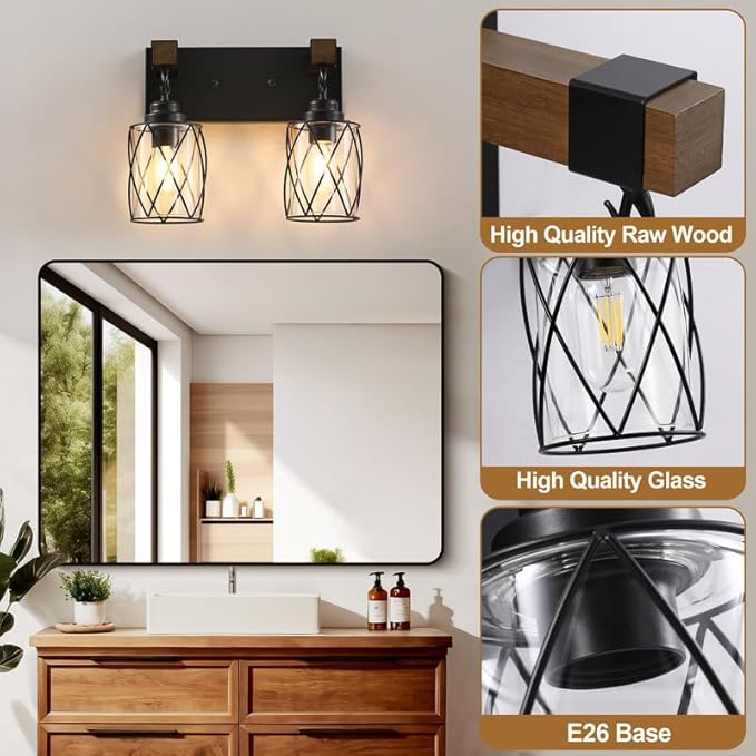 Farmhouse Bathroom Light Fixtures, 2 Light Bathroom Vanity Light with Metal and Glass Lampshade, Wood Rustic Lighting Fixtures Over Mirror, Black Wall Sconces for Living Room, Bedroom