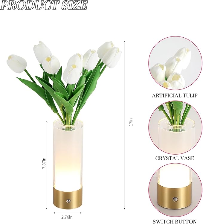 AIHYING Flower Night Light,Touch Vase Lamp,Rechargeable Cordless Table Lamp,Dimming Small Mood Lighting for Dining Table/Bed Room/Bathroom/Closet,Gifts for Women/Mom, Artificial Tulips Included