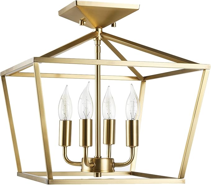 GLOBE Electric 61183 Sheldon 4-Light Semi-Flush Mount Ceiling Light, Brass, Flame Tip Vintage Edison Incandescent Bulbs Included