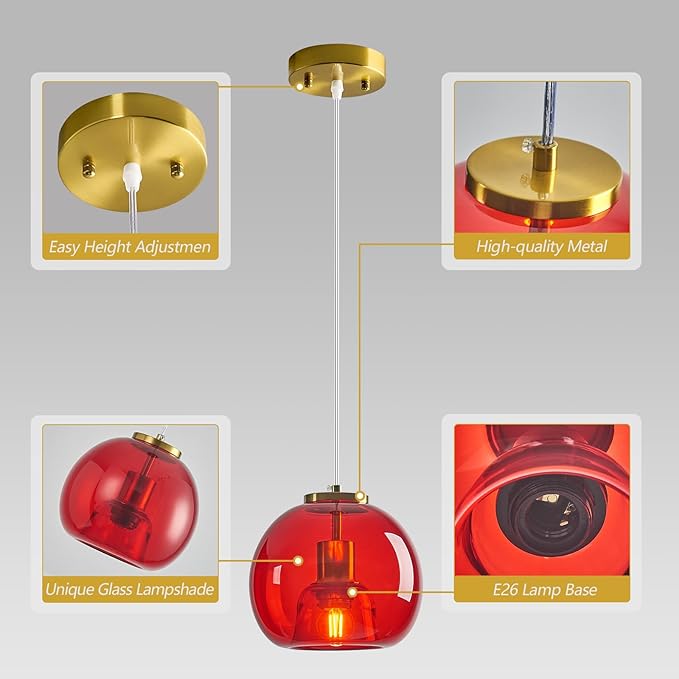Red Glass Pendant Lights Kitchen Island Gold Hanging Light Fixture Glass Globe Pendant Light Modern Pendant Lighting for Kitchen Island Bedroom Dining Room (7.87", 2 Pack)
