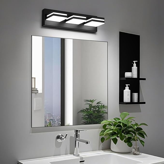 Modern LED Small Bathroom Lights Fixtures 3-Light,Metal Black Acrylic Wall Lighting,Vanity Lights for Bathroom Over Mirror 6000K 16in