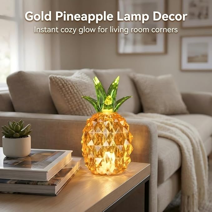 Gold Pineapple Lamp for Home Decor, 4.95 Inch Battery Operated Table Lamp for Living Room Aesthetic, Tropical Pineapple Decor Light for Bedroom Coffee Table Shelf Office Desk Decor, Gifts for Women
