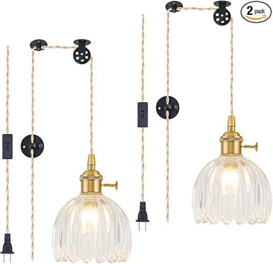 2 Pack Plug in Pendant Light Fixtures, Hanging Light Fixture Vintage Glass Pendant Light, Mini Transparent Tulip Hanging Lamp, Pendant Lighting for Kitchen Island, Bedroom, Dining Room, Living Room