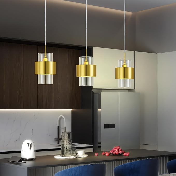 Modern Gold Pendant Lighting Indoor Kitchen Island Pendant Light Glass Shade Ceiling Light Fixtures for Bedroom Dining Room Living Room(2-Pack)