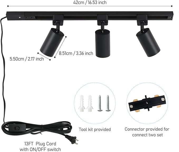 Plug in Track Lighting with Power Cord, 3-Light GU10 Track Lighting Kit with Track Rail, Modern Kitchen LED Lighting Fixtures Ceiling Wall Spot Light, 13FT Plug Cord, Black (No Bulbs)