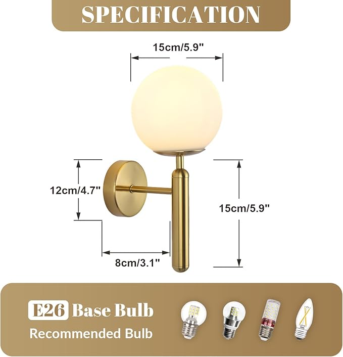 KCO Lighting Brass Wall Sconces Set of Two Milk Glass Globe Wall Light Brushed Gold Wall Sconce Modern Bathroom Wall Light Fixtures Mid Century Bedside Sconces Set of 2