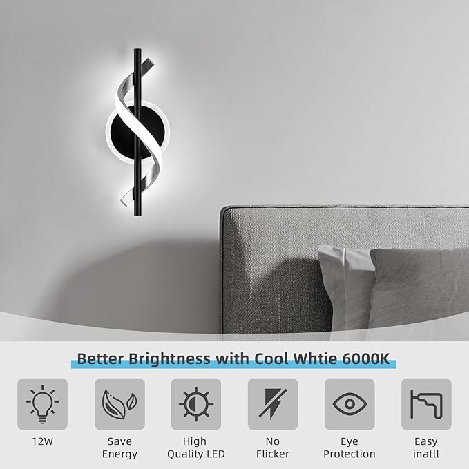 EIDISUNY LED Wall Sconces Indoor, 12W LED Wall Mount Lights, Modern Spiral Wall Lamp, 6000K Cold Light Fixture for Stairs, Living Room, Bedroom, Aisle, Hallway (Cold White, Black)