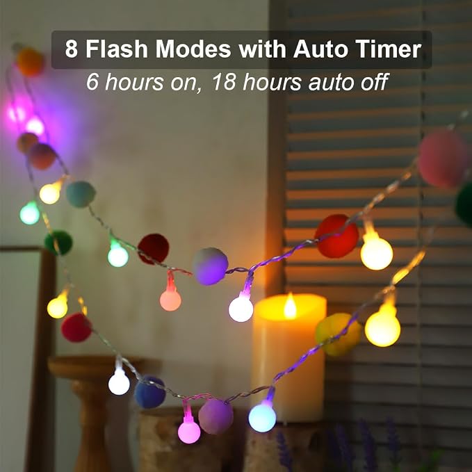 ChiRee 9.85FT String Lights with 20 Cute Pompoms 20 Colorful Ball LED Indoor String Lights Battery Operated with Timer for Home Bedroom Kids Playhouse Birthday Wedding Party Holiday Christmas