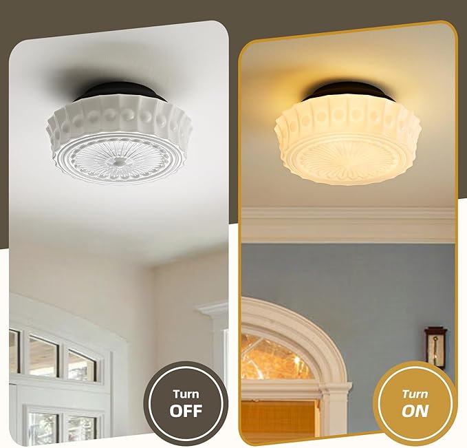 Milk Glass Schoolhouse Ceiling Light - Small 12 Inch Vintage Mid Century Modern Flush Mount Lighting Fixtures - Antique Art Deco Lamp for Hallway Bedroom Kitchen Entryway Laundry Foyer Bathroom Hall