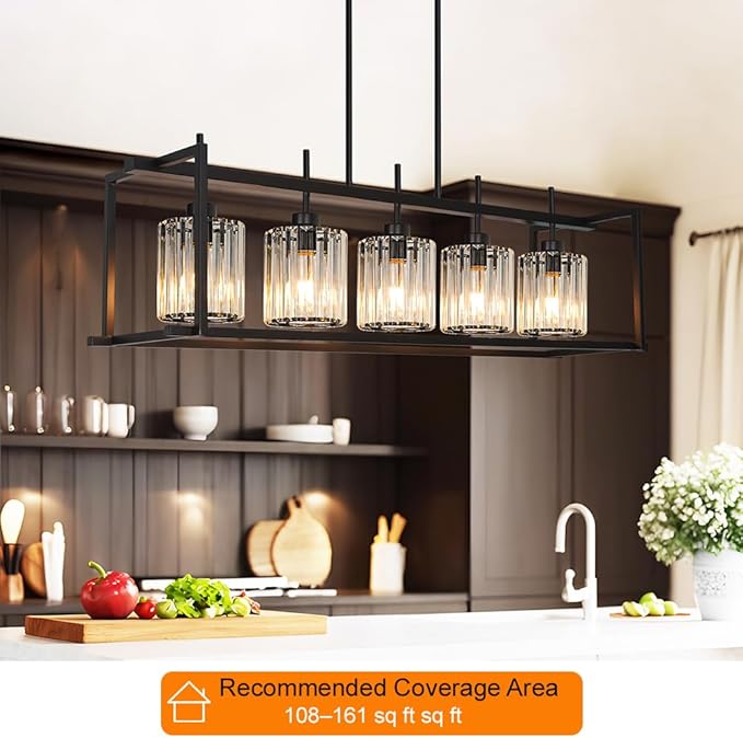 DSMJFU Black Farmhouse Rectangular Chandelier for Dining Room, 5-Light Linear Pendant Lighting, Rectangular Kitchen Island Light with Crystal Shades, Adjustable Height Rectangle Hanging Lighting
