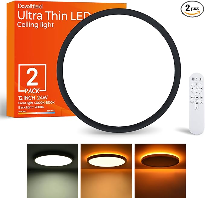 2Pack Dimmable LED Flush Mount Ceiling Light Fixture with Remote Control, 24W 2400LM, 12Inch, 2000K Warm Night Light & 3000K-6500K, Modern Super Slim Ceiling Lamp for Bedroom Kitchen, Black