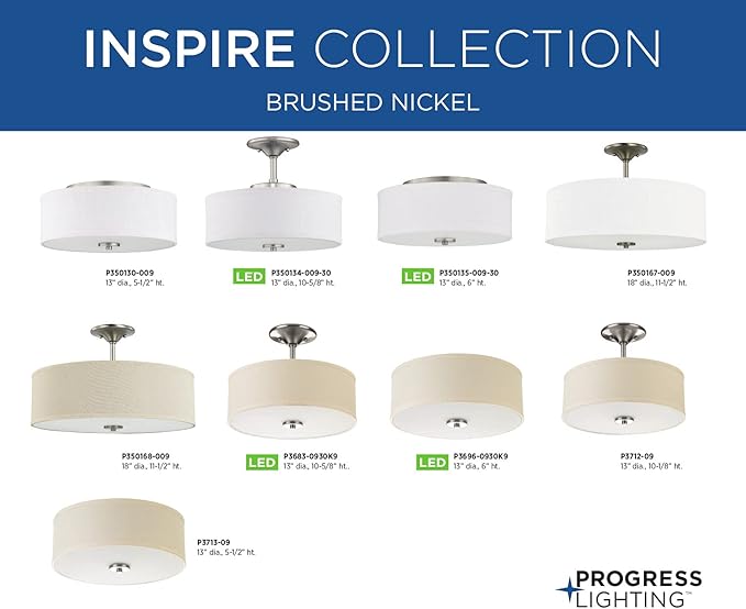 Progress Lighting P350168-009 Inspire Close-to-Ceiling, Nickel 11.50x18.00x18.00